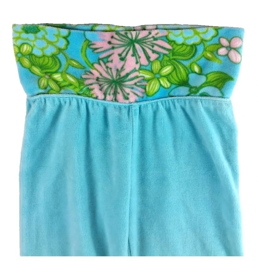 Lilly Pultizer Girls Sz 4 Aqua Blue Terry Cloth Pant Bottoms Pink Green Floral